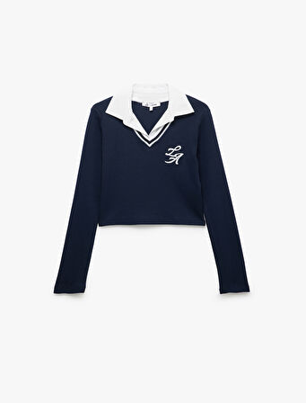 Uzun Kollu Gömlek Yaka Slim Fit Kolej Nakışlı Tişört