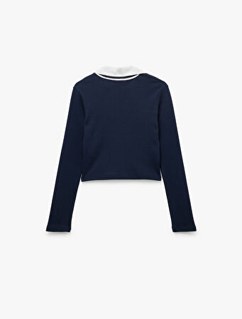 Uzun Kollu Gömlek Yaka Slim Fit Kolej Nakışlı Tişört