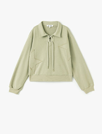 Yıldız İşlemeli Bağcıklı Crop Gömlek Yaka Sweatshirt