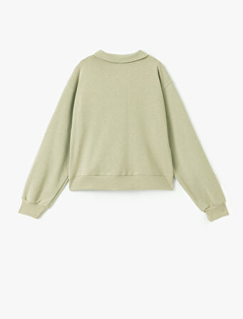 Yıldız İşlemeli Bağcıklı Crop Gömlek Yaka Sweatshirt