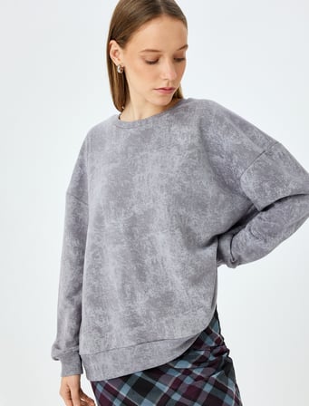 Şardonlu Soyut Baskılı Oversize Yıkamalı Bisiklet Yaka Sweatshirt