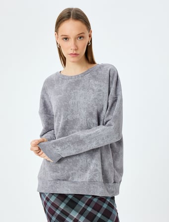 Şardonlu Soyut Baskılı Oversize Yıkamalı Bisiklet Yaka Sweatshirt