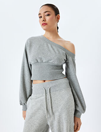 Korse Detaylı Asimetrik Yaka Omzu Açık Crop Sweatshirt