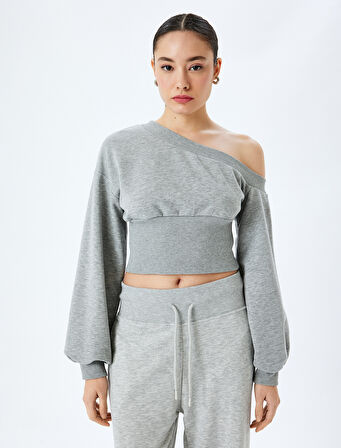 Korse Detaylı Asimetrik Yaka Omzu Açık Crop Sweatshirt