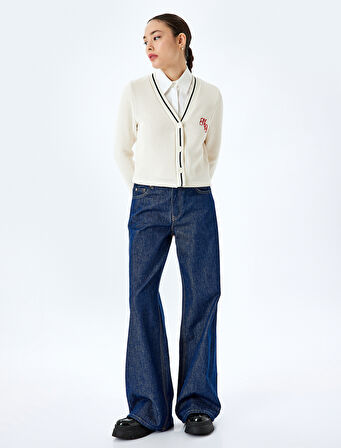 Nakış Detaylı Uzun Kollu Düğmeli Biyeli V Yaka Triko Hırka