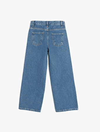Fiyonk Desenli Cepli Pamuklu Bol Paça Denim Pantolon