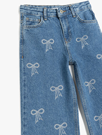 Fiyonk Desenli Cepli Pamuklu Bol Paça Denim Pantolon