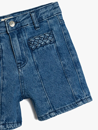 Pamuklu Yüksek Belli Örgü Detaylı Denim Şort
