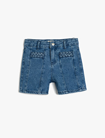 Pamuklu Yüksek Belli Örgü Detaylı Denim Şort