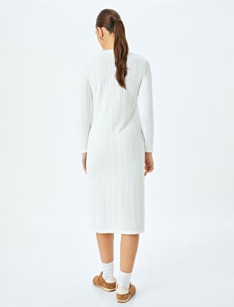 Yumuşak Dokulu Bisiklet Yaka Uzun Kollu Midi Boy Şönil Elbise