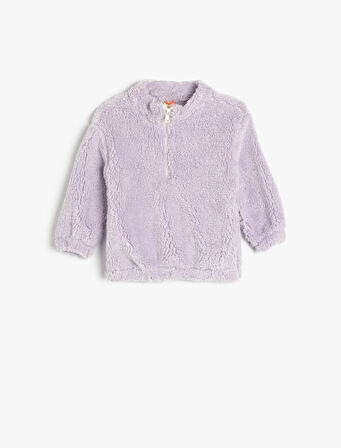 Dik Yaka Uzun Kollu Fermuar Detaylı Peluş Sweatshirt