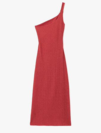 Drape Detaylı Slim Fit Midi Boy Tek Omuz Elbise