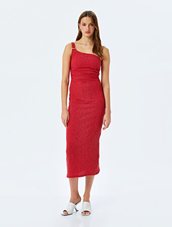 Drape Detaylı Slim Fit Midi Boy Tek Omuz Elbise