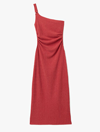 Drape Detaylı Slim Fit Midi Boy Tek Omuz Elbise