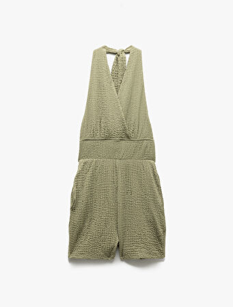 Gipeli Cepli Dokulu Kruvaze Halter Yaka Mini Şort Tulum