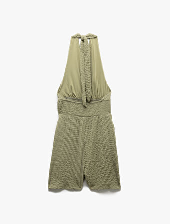 Gipeli Cepli Dokulu Kruvaze Halter Yaka Mini Şort Tulum