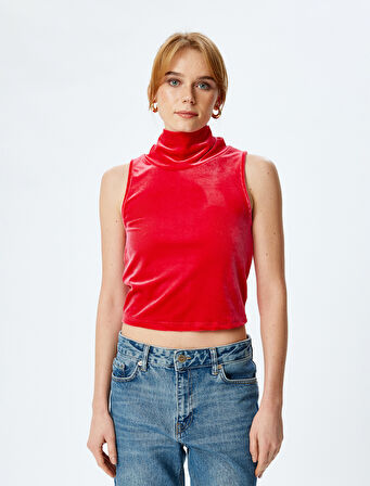 Kadife Crop Top Kolsuz Dik Yaka 
