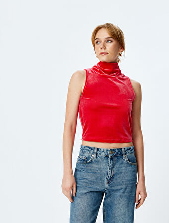 Kadife Crop Top Kolsuz Dik Yaka 
