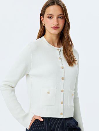 Yün Karışımlı Bisiklet Yaka Uzun Kollu Düğmeli Triko Hırka