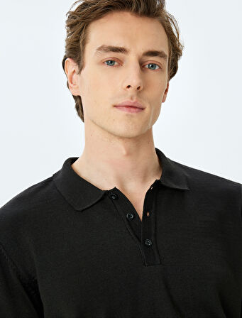 Polo Yaka Düğmeli Basic Uzun Kollu Triko Kazak