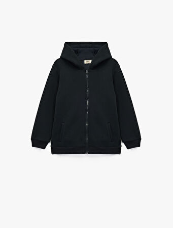 Şardonlu Uzun Kollu Fermuarlı Kapşonlu Sweatshirt