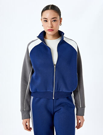 Renk Bloklu Reglan Kol Fermuarlı Sweatshirt