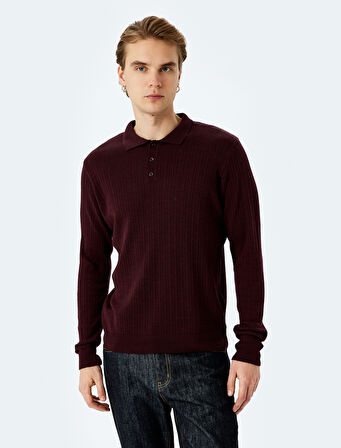 Polo Yaka Düğmeli Dokulu Yün Karışımlı Triko Kazak