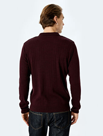 Polo Yaka Düğmeli Dokulu Yün Karışımlı Triko Kazak