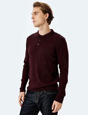 Polo Yaka Düğmeli Dokulu Yün Karışımlı Triko Kazak