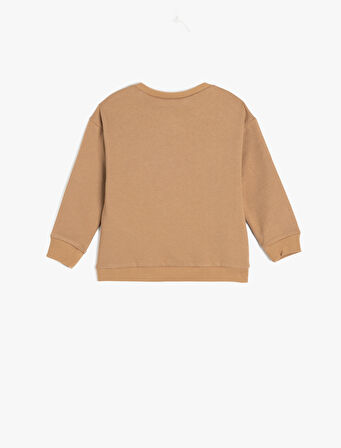 Pamuklu Uzun Kollu Bisiklet Yaka Kabartma Baskılı Şardonlu Sweatshirt