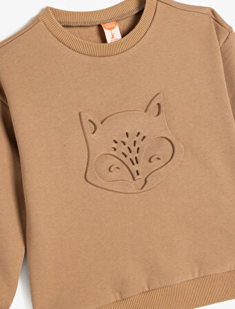 Pamuklu Uzun Kollu Bisiklet Yaka Kabartma Baskılı Şardonlu Sweatshirt