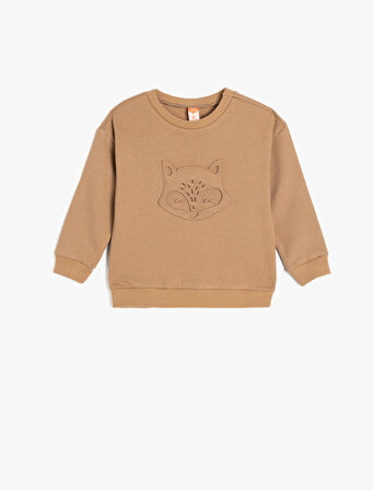 Pamuklu Uzun Kollu Bisiklet Yaka Kabartma Baskılı Şardonlu Sweatshirt