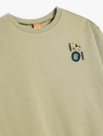 Ayıcık Baskılı Uzun Kollu Bisiklet Yaka Pamuklu Şardonlu Sweatshirt