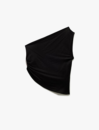 Metal Aksesuarlı Drape Detaylı Kolsuz Viskon Karışımlı Tek Omuz Bluz