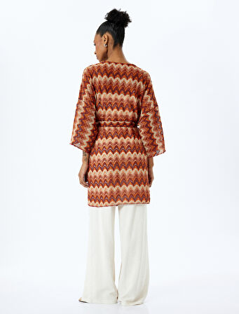 Uzun Geniş Kol Kemerli Desenli Uzun Kimono