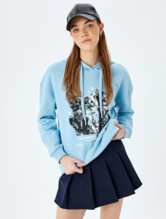 Kapüşonlu Kedi Baskılı Uzun Kollu Rahat Kalıp Sweatshirt