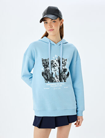 Kapüşonlu Kedi Baskılı Uzun Kollu Rahat Kalıp Sweatshirt