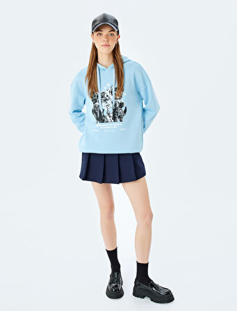 Şardonlu Kapüşonlu Kedi Baskılı Uzun Kollu Rahat Kalıp Sweatshirt