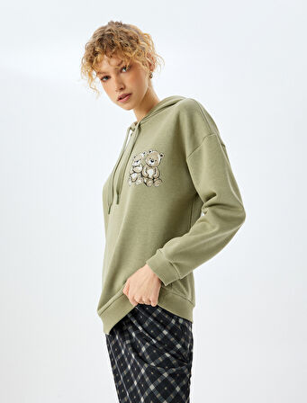 Arkası Ayı Baskılı Kapüşonlu Uzun Kollu Sweatshirt