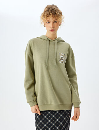 Arkası Ayı Baskılı Kapüşonlu Uzun Kollu Sweatshirt