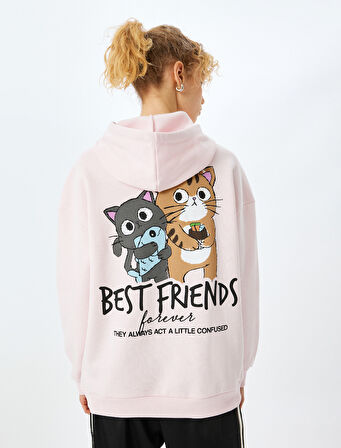 Arkası Baskılı Kedi Temalı Kapüşonlu Sweatshirt