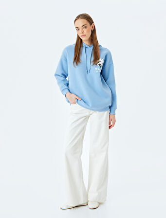 Şardonlu Kapüşonlu Arkası Panda Baskılı Uzun Kollu Oversize Sweatshirt