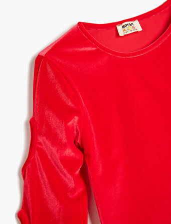 Uzun Kollu Bisiklet Yaka Pencere Detaylı Kadife Bluz