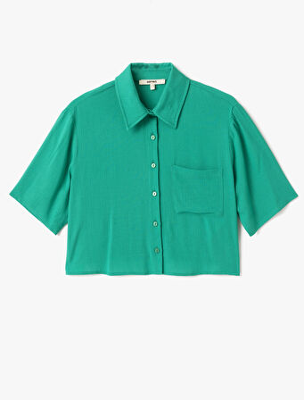 Cep Detaylı Kısa Kollu Viskon Crop Oversize Gömlek