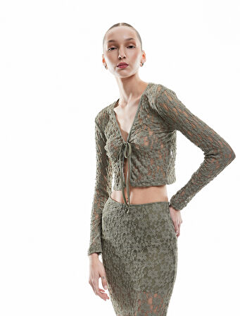 Dantel Detaylı Uzun Kollu Bağcıklı Hırka