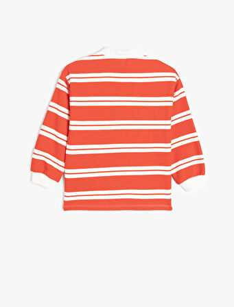Çizgili Uzun Kollu Düğme Detaylı Polo Yaka Sweatshirt