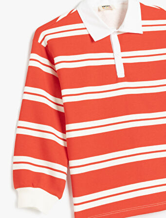 Çizgili Uzun Kollu Düğme Detaylı Polo Yaka Sweatshirt