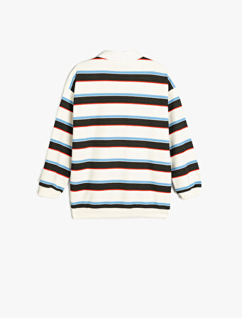 Çizgili Uzun Kollu Düğme Detaylı Polo Yaka Sweatshirt