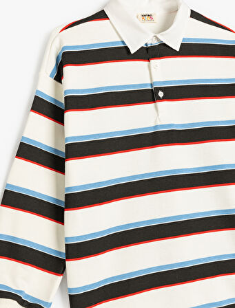 Çizgili Uzun Kollu Düğme Detaylı Polo Yaka Sweatshirt