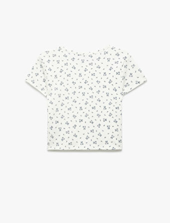 Pamuklu Ayıcık Baskılı Kısa Kollu Bisiklet Yaka Pijama Üstü